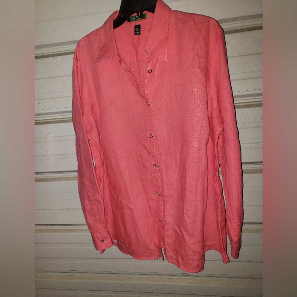 2x Plus Size Linen Ralph Lauren Blouse Pink Deep Coral Shirt Button Down top